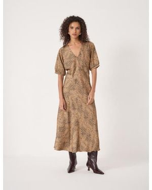 Hush Grace V-Neck Puff Sleeve Satin Dress - Natural