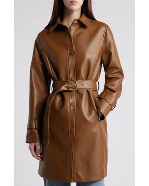 Via Spiga Tie Belt Snap Front Faux Leather Jacket - Brown