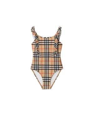 Burberry Girls' Ruffle Trim Check Swimsuit - White