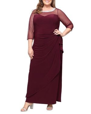 Alex Evenings Illusion Sleeve Side Ruched Gown - Purple