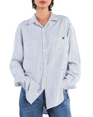 Billy T Thank You Stripe Embroidered Graphic Button-Up Shirt - Blue