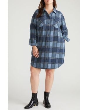 UNIVERSAL STANDARD Long Sleeve Check Flannel Shirtdress - Blue