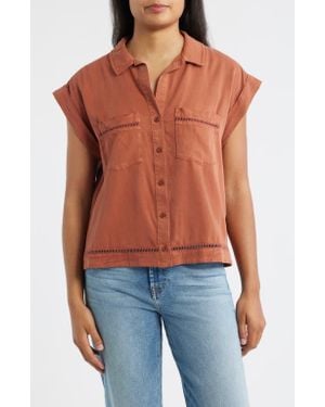 Cloth & Stone Openwork Detail Short Sleeve Button-Up Shirt - Blue