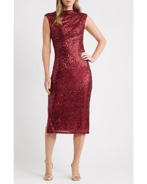 Anne Klein Draped Sleeveless Sequin Sheath Midi Dress - Red