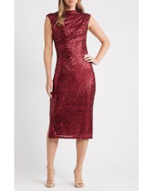 Anne Klein Draped Sleeveless Sequin Sheath Midi Dress - Red
