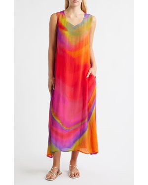 Apny Print V-Neck Sleeveless Chiffon Midi Dress - Red