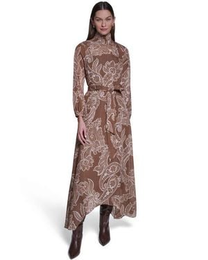 Halston Long Sleeve Paisley Printed Chiffon Midi Dress - Brown