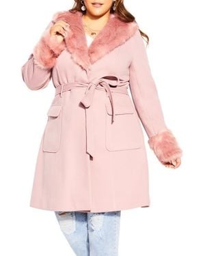 City Chic Blushing Belle Twill Coat With Faux Fur Collar - Pink