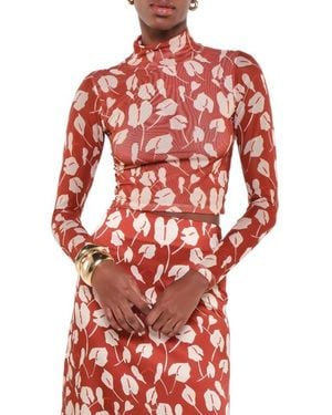 The Lulo Project Print Turtleneck Mesh Top - Red