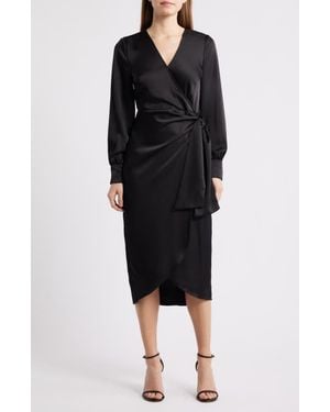 Sam Edelman Long Sleeve Faux Wrap Satin Dress - Black