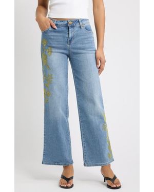 1822 Denim Floral Embroidered Wide Leg Jeans - Blue
