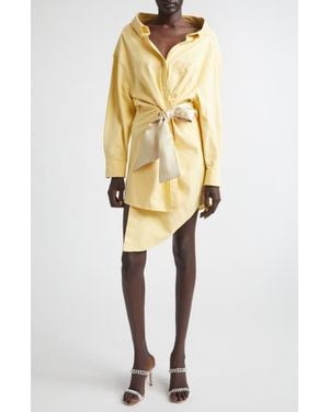 Area Satin Knot Long Sleeve Cotton Oxford Shirtdress - Yellow