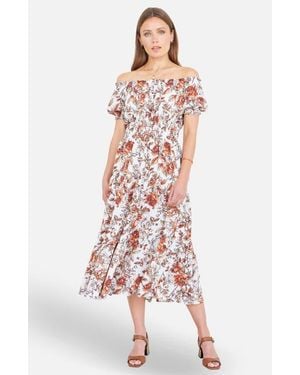 Yumi' Floral Ruched Waist Midi Dress - White
