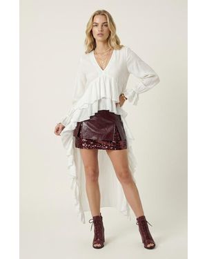 Modenaire Ruffle Trim High Low Blouse - Natural