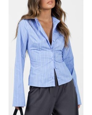 Princess Polly Anni Pinstripe Button-Up Shirt - Blue