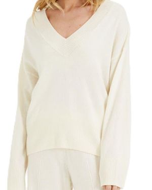 Chinti & Parker V Neck Wool Cashmere Slouchy Lightweight Sweater - White