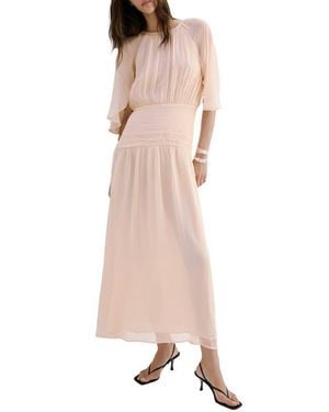 Mango Ruched Chiffon Midi Dress - Natural