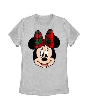 Mickey & Friends Christmas Minnie Mouse Holly Plaid Bow Graphic T-Shirt - Gray