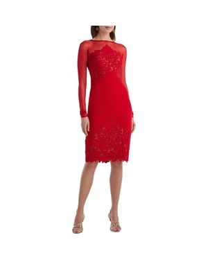 Tadashi Shoji Illusion Neck Laser Cut Long Sleeve Mesh Cocktail Dress - Red
