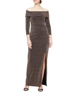 Alex Evenings Metallic Off The Shoulder Knit Sheath Gown - Brown