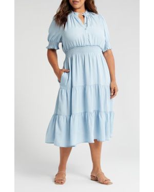 Caslon Short Sleeve Tiered Chambray Dress - Blue