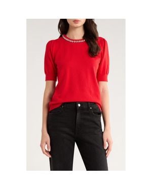 Cece Embellished Collar Short Sleeve Cotton Sweater - Red