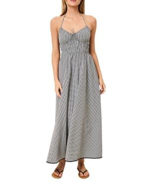 Solid & Striped Lolita Gingham Shirred Halter Seersucker Maxi Sundress - Gray