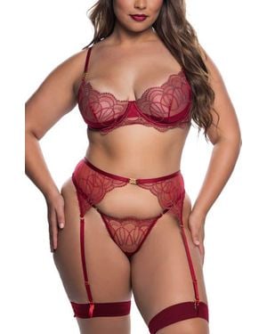 ROMA CONFIDENTIAL Belle Metallic Embroidered Underwire Bra, Garter Belt & G-String Set
