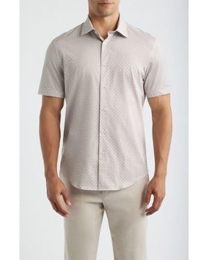 Bugatchi Miles Ooohcotton Geo Print Short Sleeve Button-Up Shirt - Pink