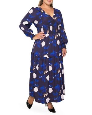 Standards & Practices Floral Smock Waist Long Sleeve Georgette Maxi Dress - Blue