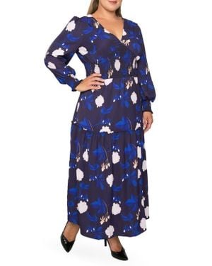 Standards & Practices Floral Smock Waist Long Sleeve Georgette Maxi Dress - Blue