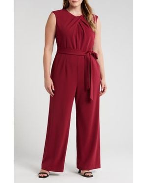Tahari Cross Neck Tie Waist Sleeveless Jumpsuit - Red