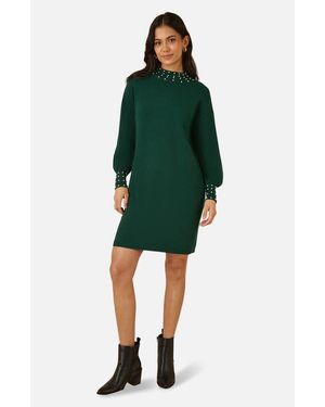 Yumi' Bead Detail Knitted Sweater Dress - Green