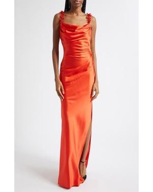 Balmain Beaded Strap Fluid Silk Column Gown - Red