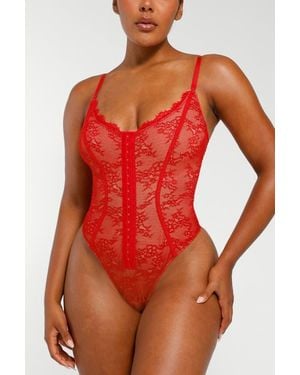 Shapellx Lace Glamour Flawless Fit Thong Bodysuit - Red
