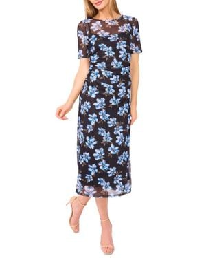 Cece Ruched Floral Midi Dress - Blue