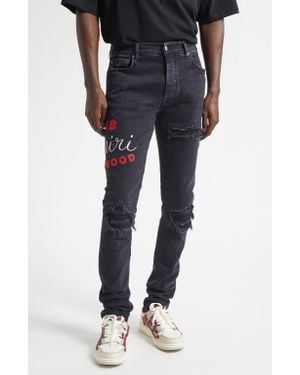 Amiri Mx1 Crystal Embellished Club Appliqué Rip & Repair Skinny Jeans - Blue