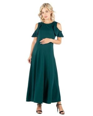 24seven Comfort Apparel Maternity Ruffle Cold Shoulder A-Line Maxi Dress - Green