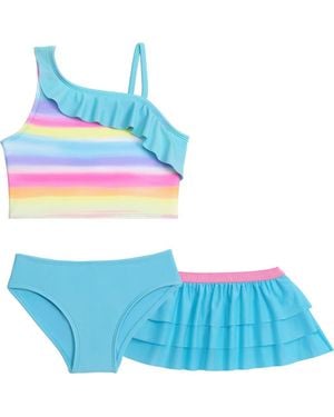 Aqua Green Little Girls 3-Piece Asymmetrical Ruffle Bikini Coverup Set - Blue