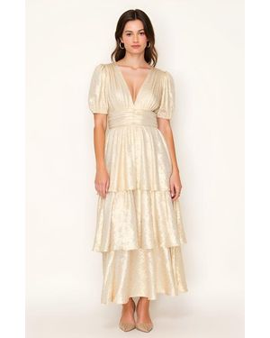 Modenaire Tiered Metallic Puff Sleeve Pleated Waist Maxi Dress - Natural