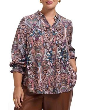 Foxcroft Olivia Paisley Smocked Cuff Button-Up Shirt - Red