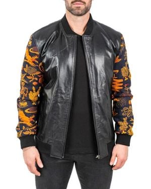 Maceoo Skull Sleeve Leather Bomber Jacket - Gray