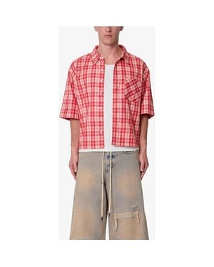 MNML Plaid Crop Short Sleeve Cotton Flannel Button-Up Shirt - Red