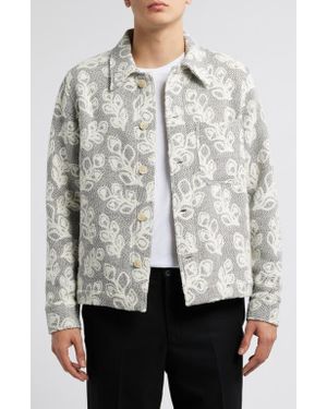 NN07 Rahim 5247 Leaf Jacquard Knit Shirt Jacket - White