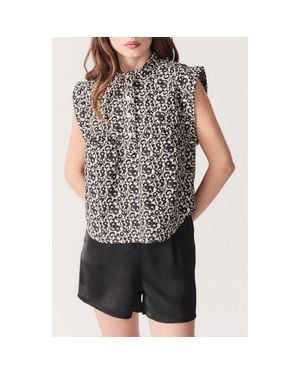 DELUC Floral Cotton Popover Top - Gray