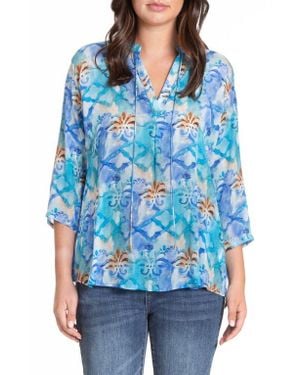 Apny Print Tie Neck Top - Blue