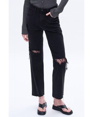 Bayeas High Waist Lace Inset Rip Straight Leg Jeans - Blue