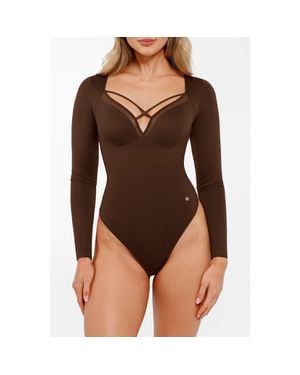 Popilush Shapewear Long Sleeve Mesh Inset Tummy Control Bodysuit - Brown