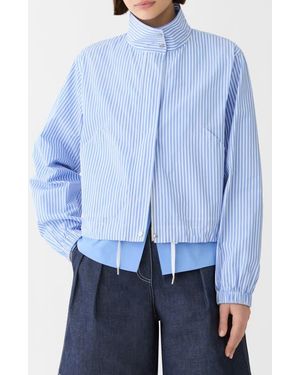 Lafayette 148 New York Stripe Cotton Zip Front Bomber Jacket - Blue