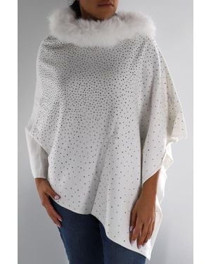 La Fiorentina Embellished Poncho With Faux Fur Collar - Gray